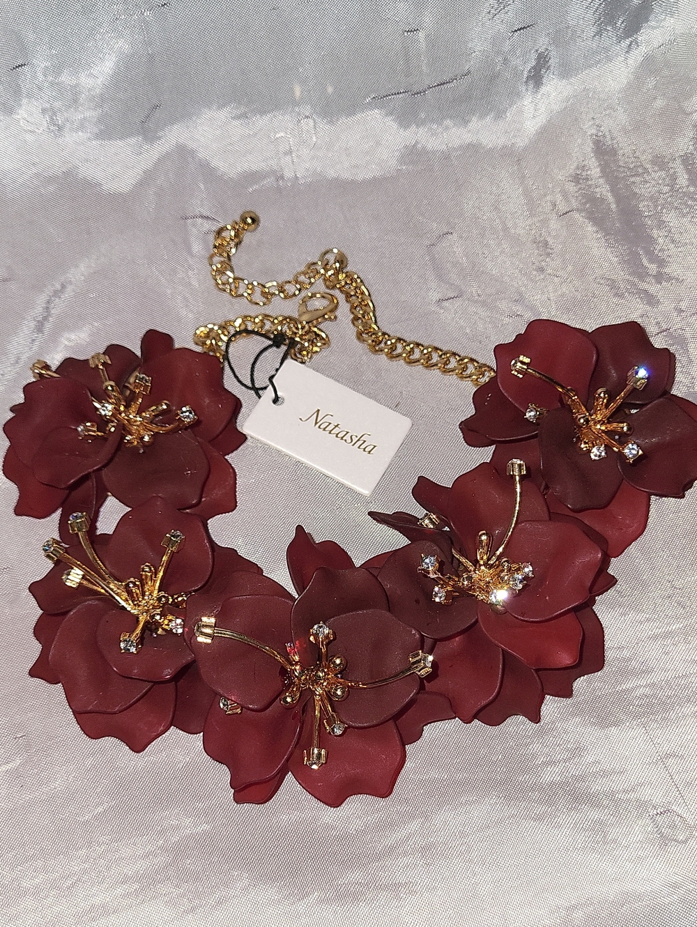 Natasha Couture Deep Red Floral Bib Necklace with Gold Accents